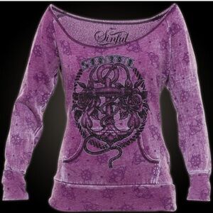 Sinful Purple and Black Rhinestone Off The Shoulder Nautical Sweatshirt Size M